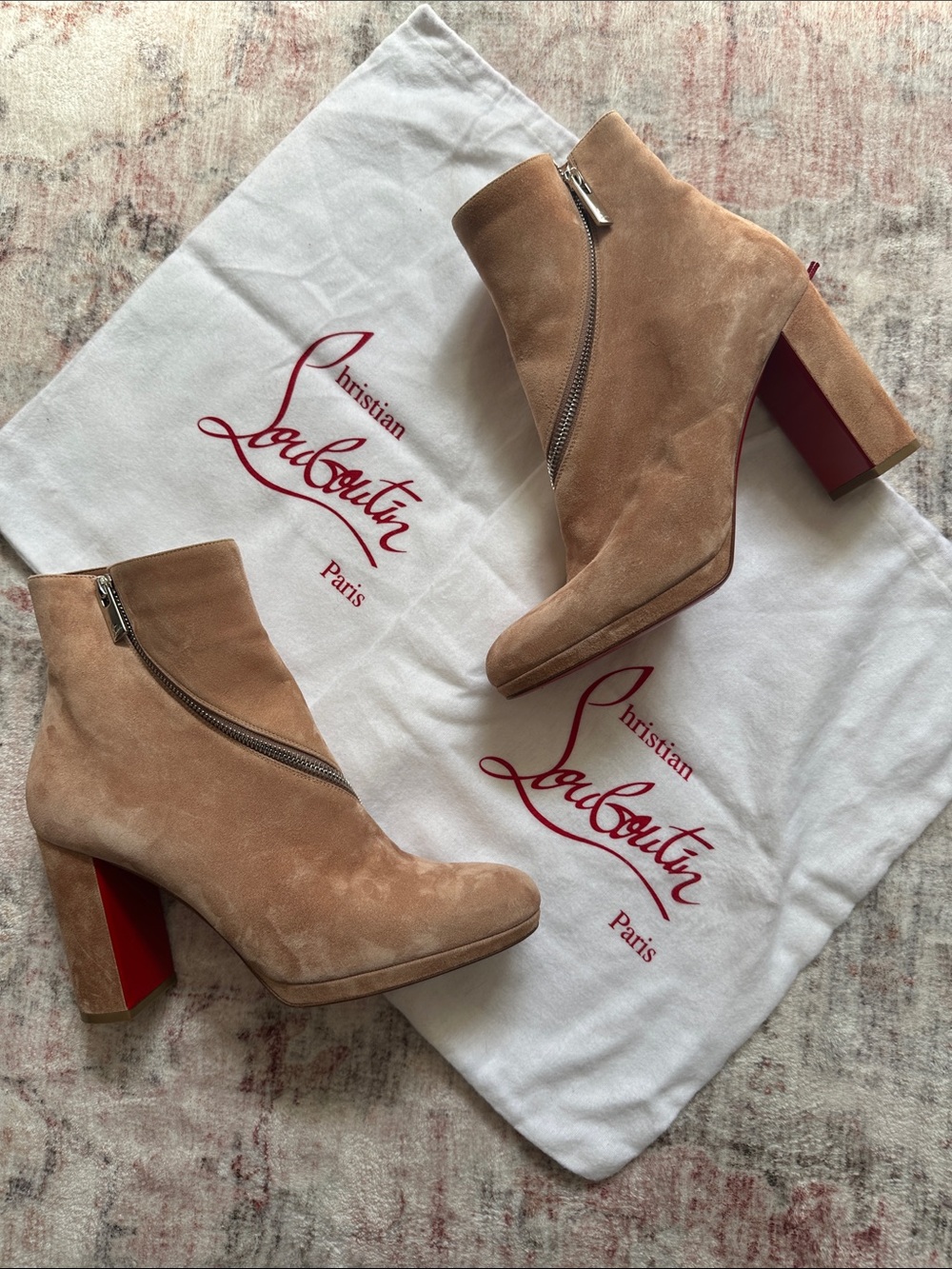 Christian Louboutin Tan Suede Ankle Booties with Signature Red Soles - Picture 10 of 13
